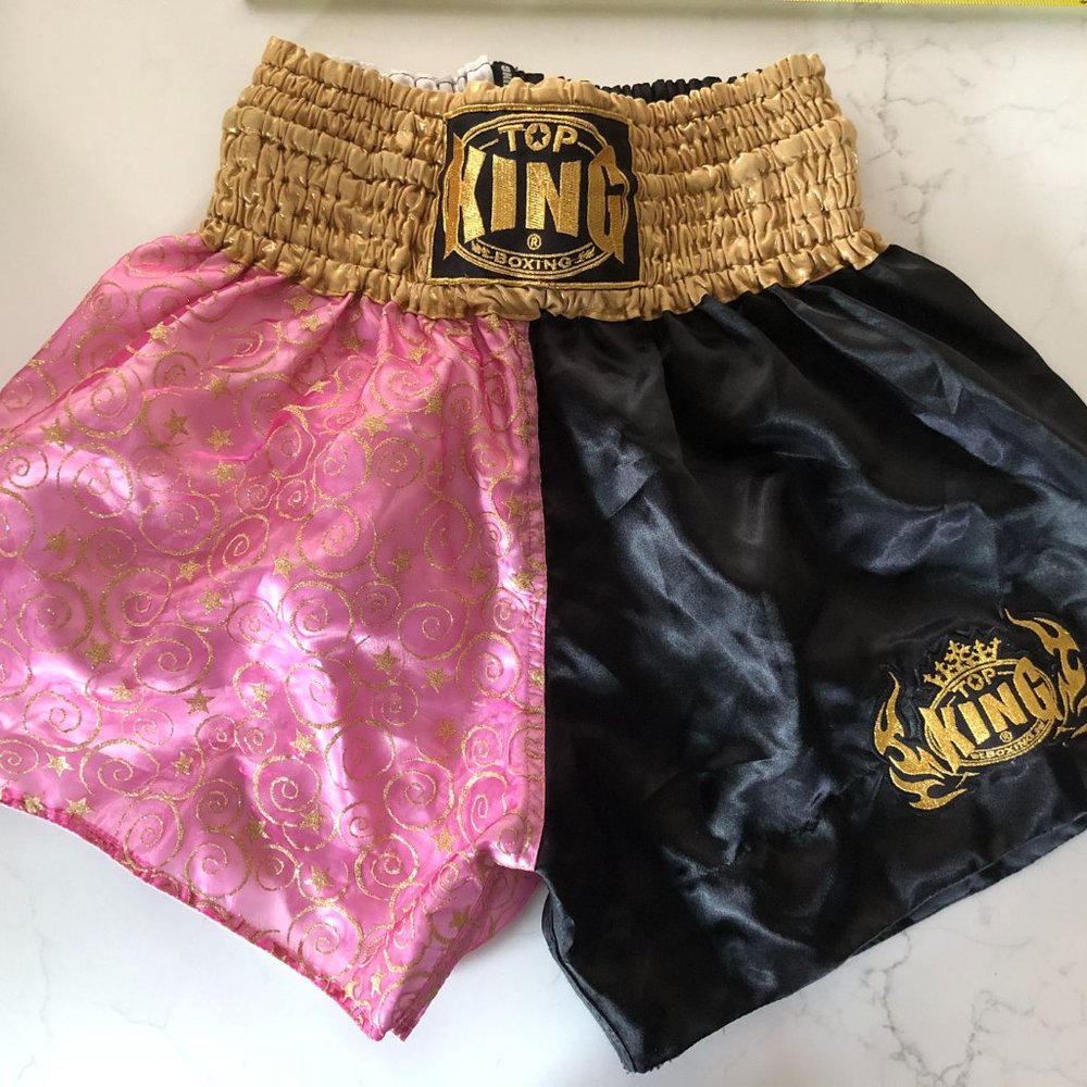 op King Muay Thai Boxing Shorts, Waist 27” - 30”, Black Pink Glitter Gold Stars